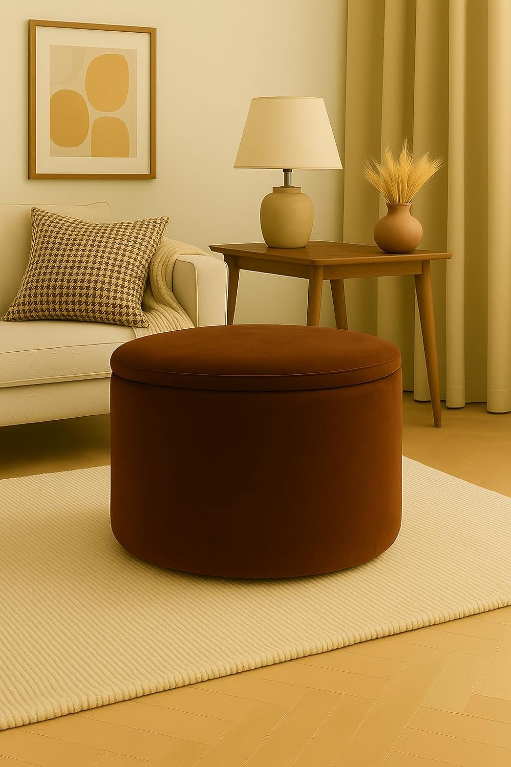 Round Upholstered Ottoman Coffee Table – Modern Velvet Footrest & Accent Table (Brown)
