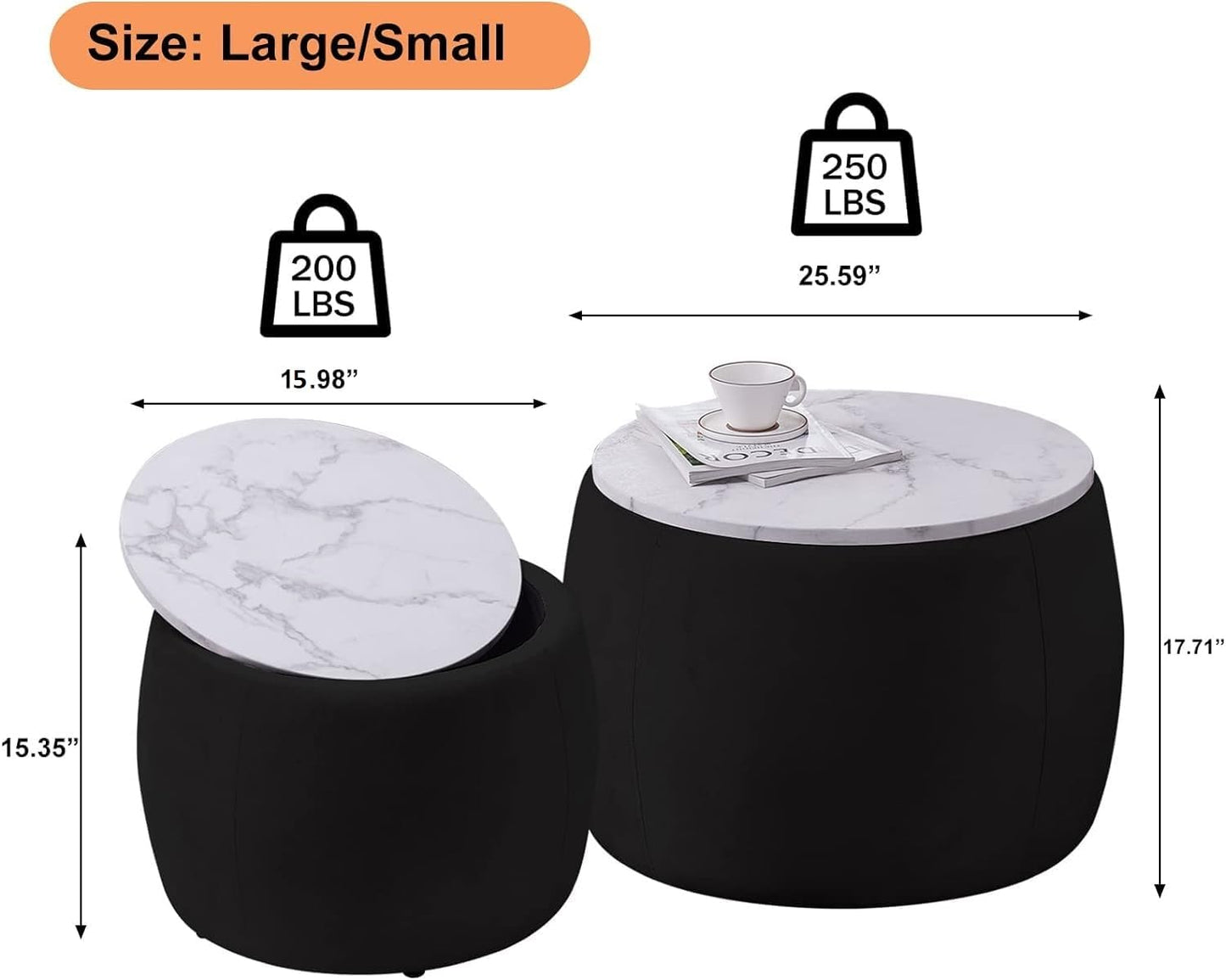 Modern Round Nesting Coffee Table Set with Marble Top – Black Contemporary Living Room Tables (Set of 2)