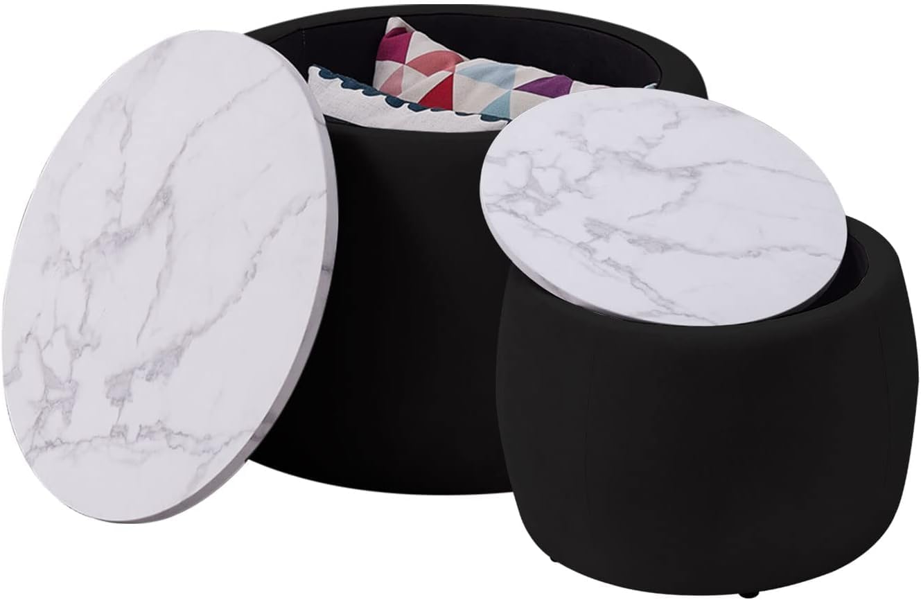 Modern Round Nesting Coffee Table Set with Marble Top – Black Contemporary Living Room Tables (Set of 2)