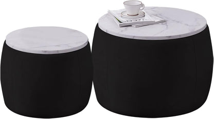 Modern Round Nesting Coffee Table Set with Marble Top – Black Contemporary Living Room Tables (Set of 2)