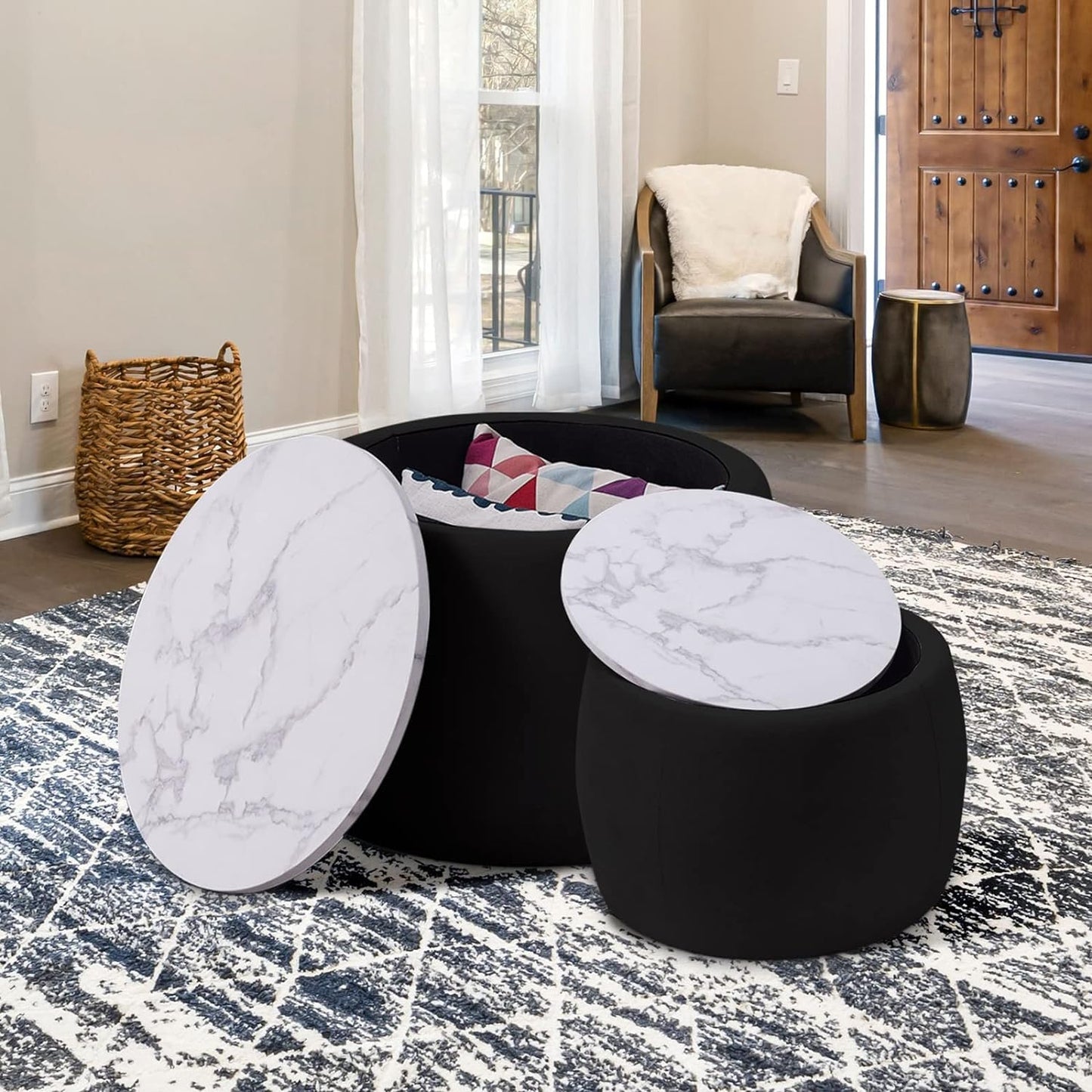 Modern Round Nesting Coffee Table Set with Marble Top – Black Contemporary Living Room Tables (Set of 2)
