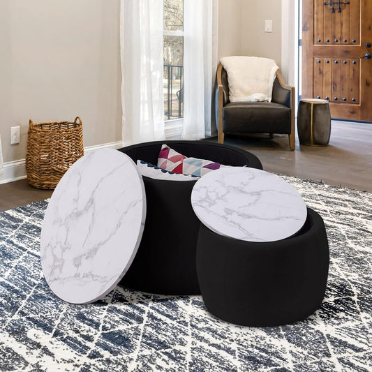 Modern Round Nesting Coffee Table Set with Marble Top – Black Contemporary Living Room Tables (Set of 2)
