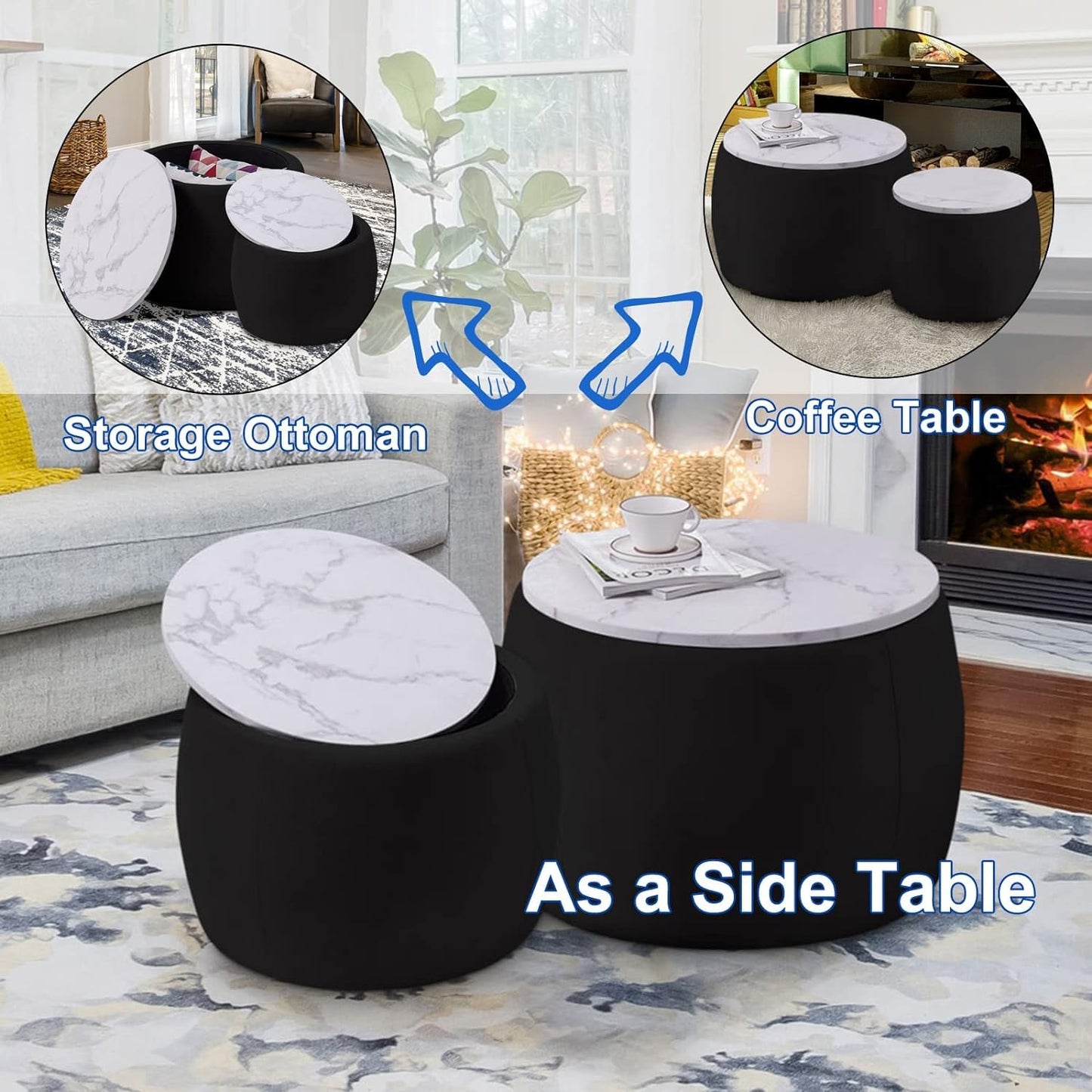Modern Round Nesting Coffee Table Set with Marble Top – Black Contemporary Living Room Tables (Set of 2)
