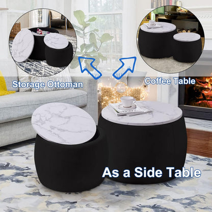 Modern Round Nesting Coffee Table Set with Marble Top – Black Contemporary Living Room Tables (Set of 2)