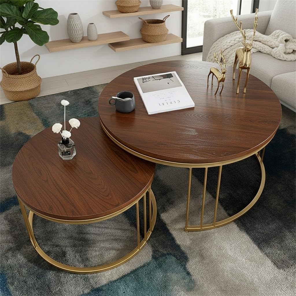 Modern Round Nesting Coffee Table Set – Walnut Wood Top with Gold Metal Frame (Set of 2)