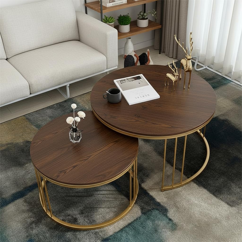 Modern Round Nesting Coffee Table Set – Walnut Wood Top with Gold Metal Frame (Set of 2)