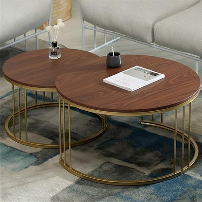 Modern Round Nesting Coffee Table Set – Walnut Wood Top with Gold Metal Frame (Set of 2)
