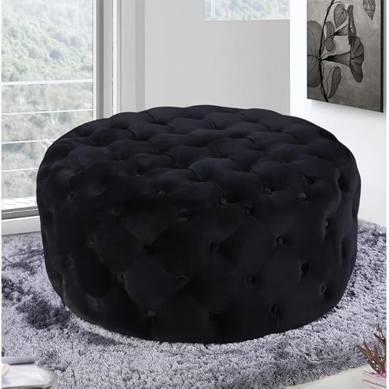 Luxury Round Tufted Velvet Ottoman Stool – Black Upholstered Pouf for Living Room & Bedroom