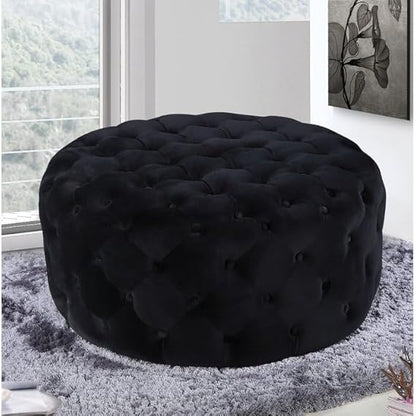 Luxury Round Tufted Velvet Ottoman Stool – Black Upholstered Pouf for Living Room & Bedroom