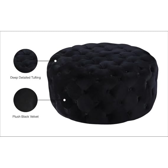 Luxury Round Tufted Velvet Ottoman Stool – Black Upholstered Pouf for Living Room & Bedroom