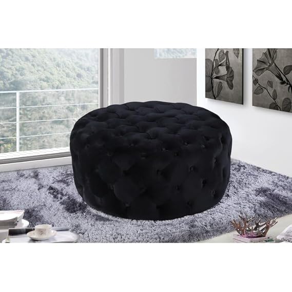 Luxury Round Tufted Velvet Ottoman Stool – Black Upholstered Pouf for Living Room & Bedroom