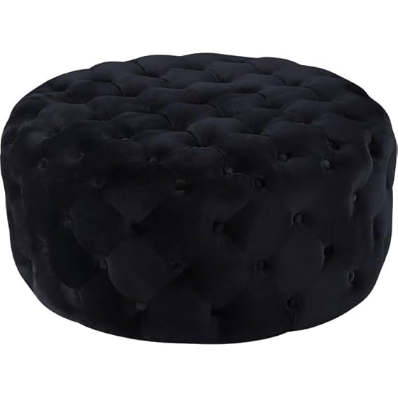 Luxury Round Tufted Velvet Ottoman Stool – Black Upholstered Pouf for Living Room & Bedroom