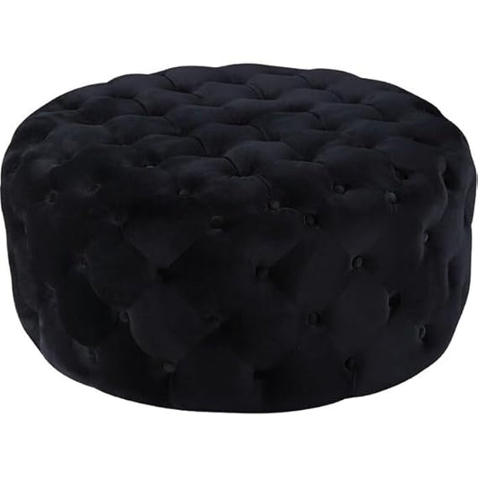 Luxury Round Tufted Velvet Ottoman Stool – Black Upholstered Pouf for Living Room & Bedroom
