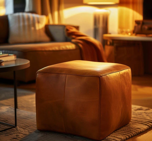 Premium Leather Cube Pouf Ottoman – Modern Footrest & Extra Seating for Living Room