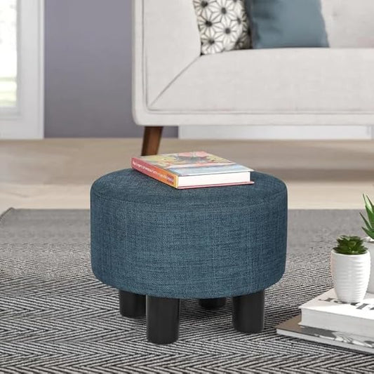 Modern Round Upholstered Footrest Ottoman – Fabric Padded Stool with Sturdy Legs