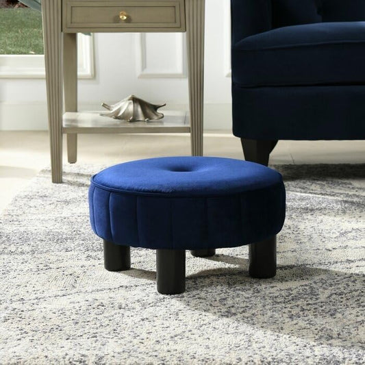 Luxury Round Velvet Footrest Stool | Upholstered Ottoman with Wooden Legs – Navy Blue