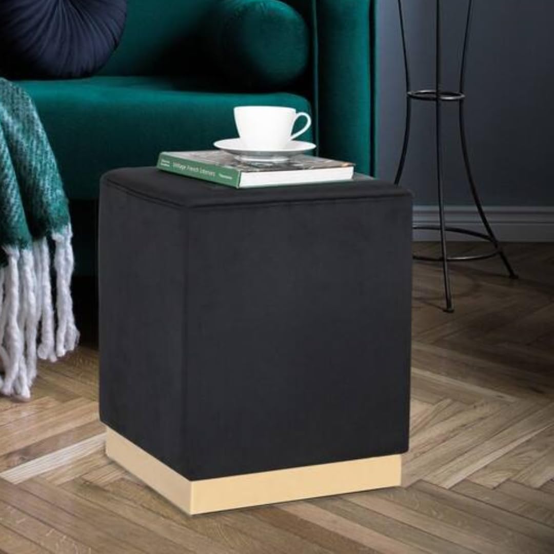 Modern Velvet Upholstered Cube Ottoman Footrest Stool with Gold Base – Multipurpose Accent Seat