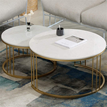 Modern Round Nesting Coffee Table Set – Walnut Wood Top with Gold Metal Frame (Set of 2)