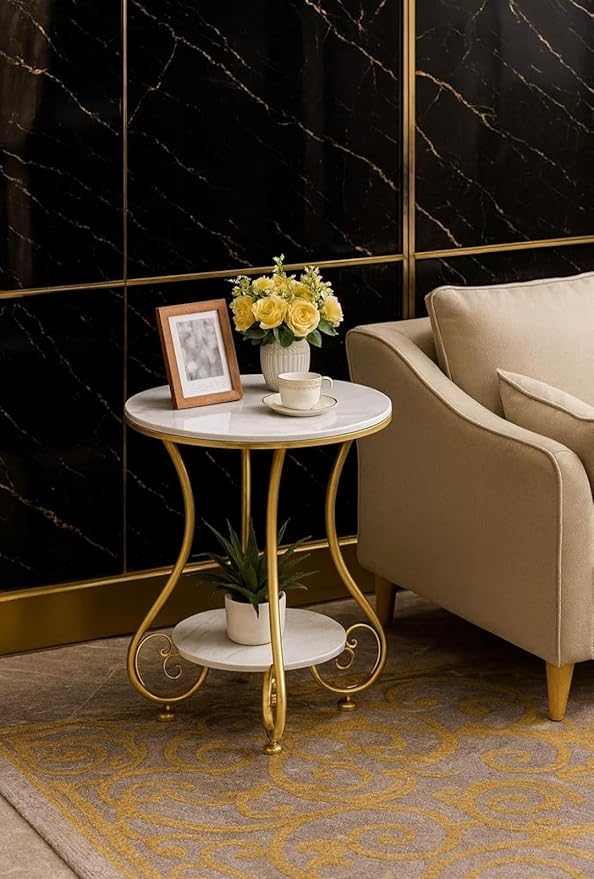 2-Tier Wooden Side Table with Metal Frame | Modern Round End Table for Living Room & Bedroom