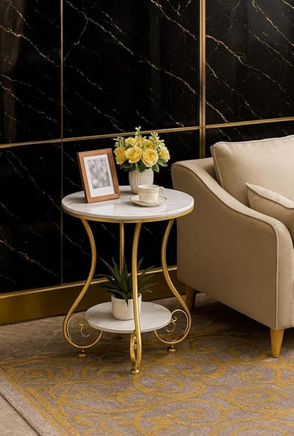 2-Tier Wooden Side Table with Metal Frame | Modern Round End Table for Living Room & Bedroom