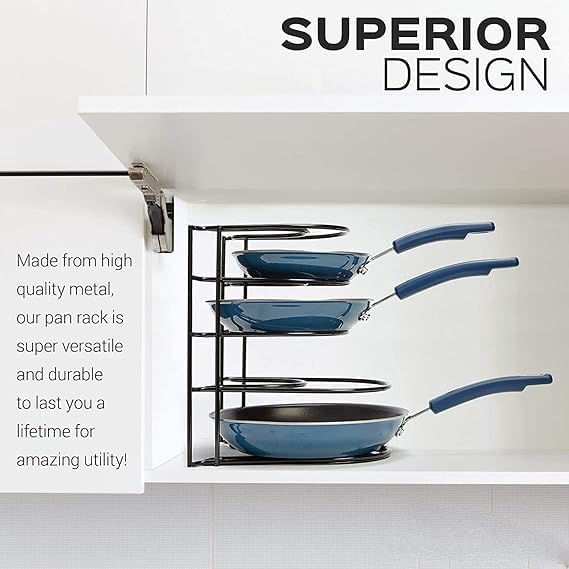 Heavy-Duty Cast Iron Skillet Organizer Rack – Vertical Frying Pan & Cookware Storage Stand