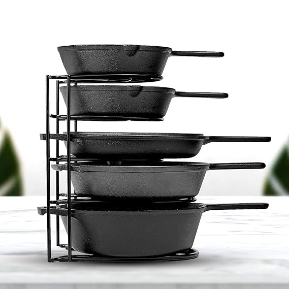 Heavy-Duty Cast Iron Skillet Organizer Rack – Vertical Frying Pan & Cookware Storage Stand