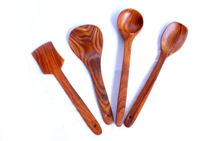 Wooden Cooking Utensils Set (4-Piece) | Natural Wooden Spoon, Ladle & Spatula Set for Kitchen