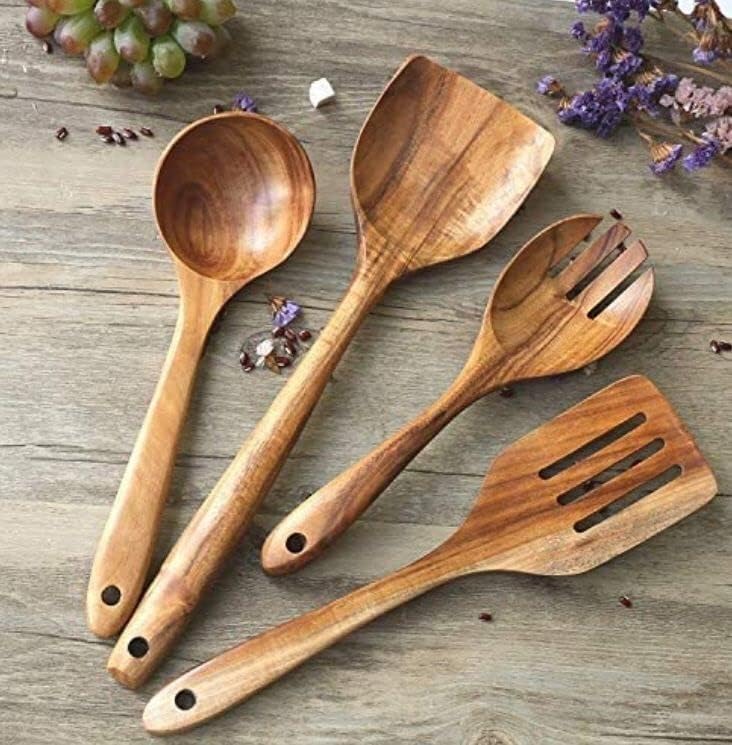 Wooden Cooking Utensils Set – Natural Teak Wood Spoon & Spatula Set (4-Piece, Non-Stick Safe)