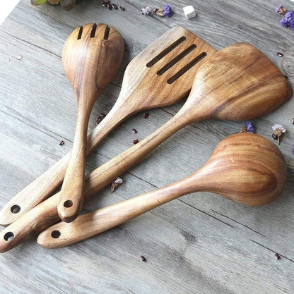 Wooden Cooking Utensils Set – Natural Teak Wood Spoon & Spatula Set (4-Piece, Non-Stick Safe)