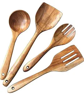 Wooden Cooking Utensils Set – Natural Teak Wood Spoon & Spatula Set (4-Piece, Non-Stick Safe)