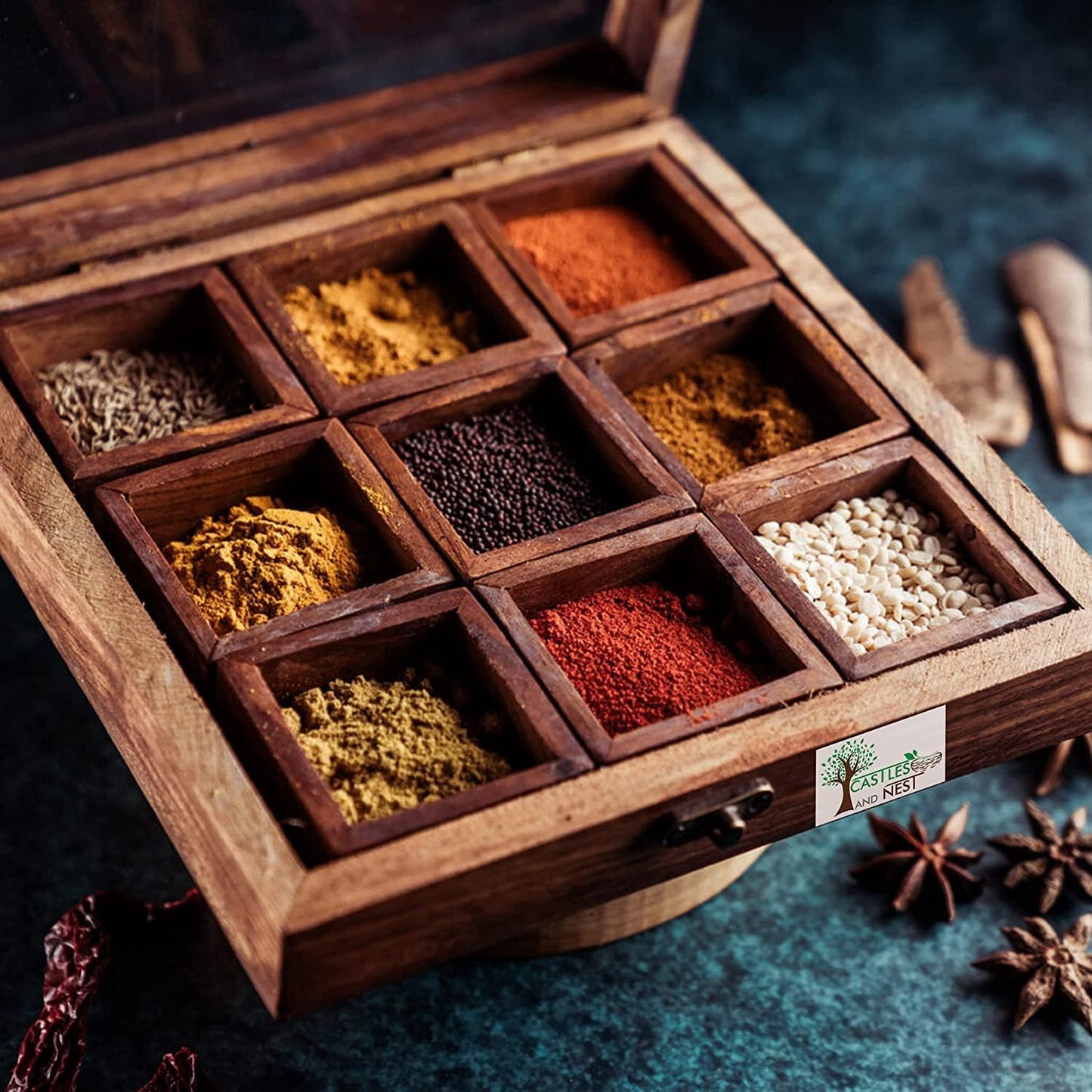 Handcrafted Wooden Masala Box with 9 Compartments & Spoon – Traditional Indian Spice Organizer