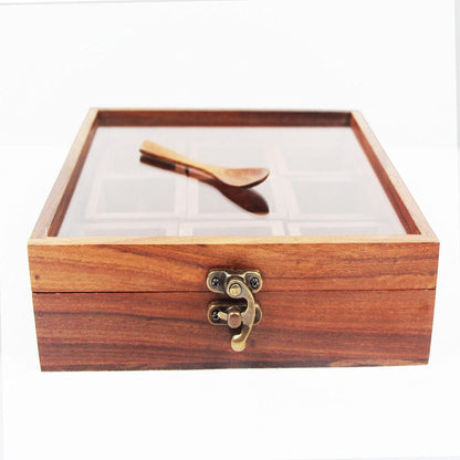 Handcrafted Wooden Masala Box with 9 Compartments & Spoon – Traditional Indian Spice Organizer