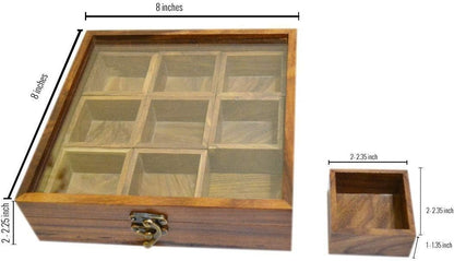 Handcrafted Wooden Masala Box with 9 Compartments & Spoon – Traditional Indian Spice Organizer