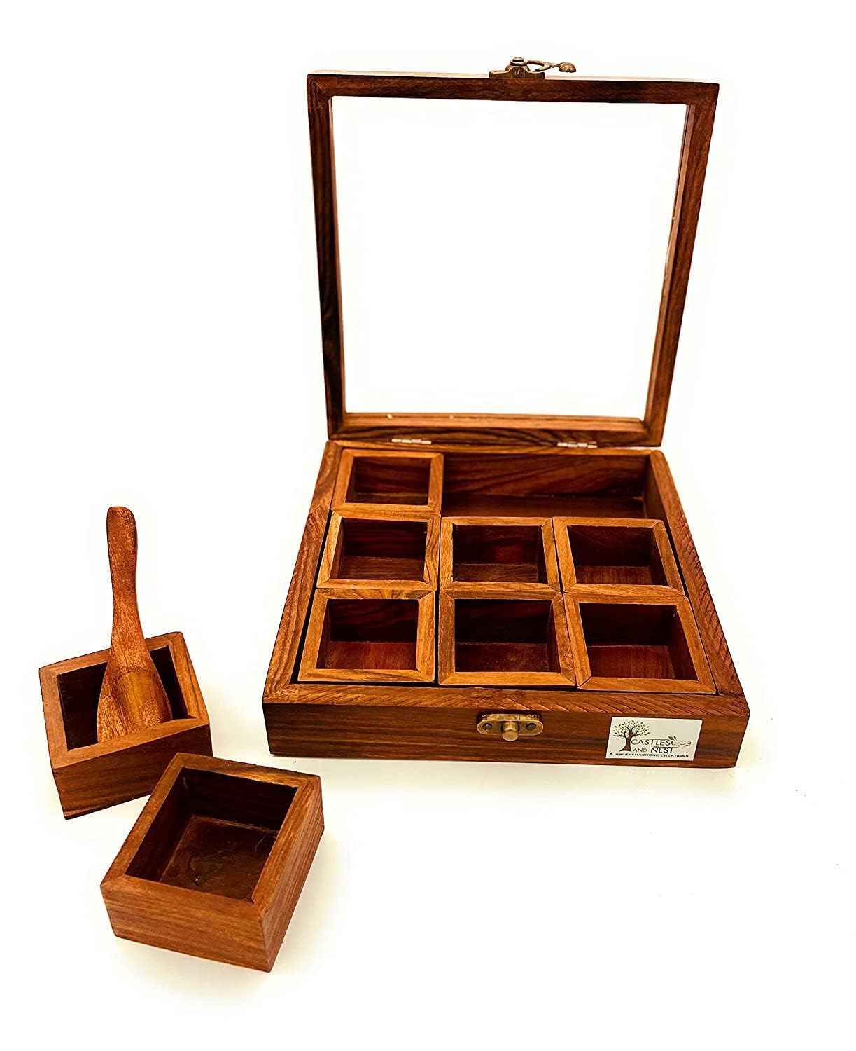 Handcrafted Wooden Masala Box with 9 Compartments & Spoon – Traditional Indian Spice Organizer