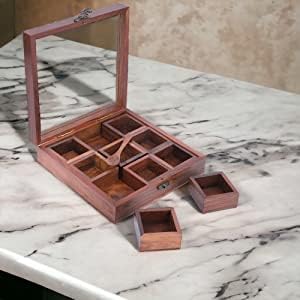 Handcrafted Wooden Masala Box with 9 Compartments & Spoon – Traditional Indian Spice Organizer
