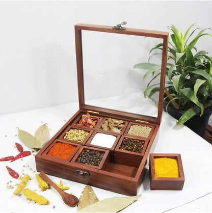 Handcrafted Wooden Masala Box with 9 Compartments & Spoon – Traditional Indian Spice Organizer