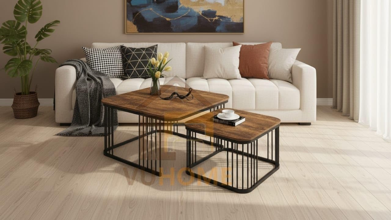 Industrial Wooden Nesting Coffee Tables Set of 2 – Metal Frame Living Room Center Table