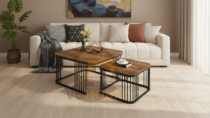 Industrial Wooden Nesting Coffee Tables Set of 2 – Metal Frame Living Room Center Table