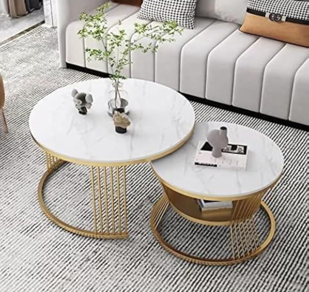 Modern Marble Finish Nesting Coffee Table Set (2 Pcs) – gold Metal Frame Center Tables