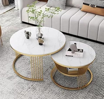 Modern Marble Finish Nesting Coffee Table Set (2 Pcs) – gold Metal Frame Center Tables