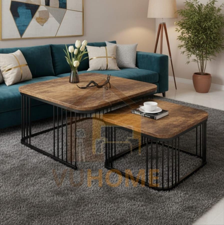 Industrial Wooden Nesting Coffee Tables Set of 2 – Metal Frame Living Room Center Table