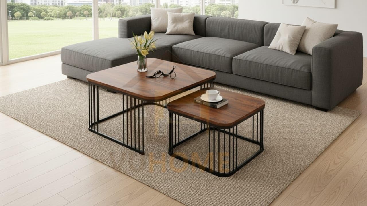 Industrial Wooden Nesting Coffee Tables Set of 2 – Metal Frame Living Room Center Table