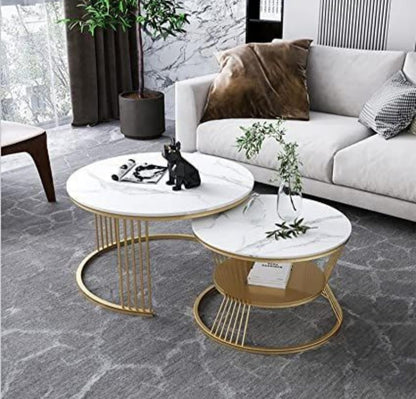 Modern Marble Finish Nesting Coffee Table Set (2 Pcs) – gold Metal Frame Center Tables