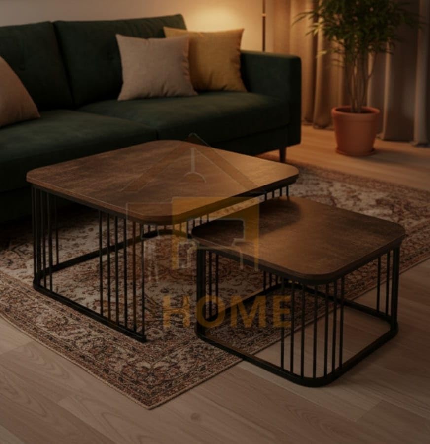 Industrial Wooden Nesting Coffee Tables Set of 2 – Metal Frame Living Room Center Table