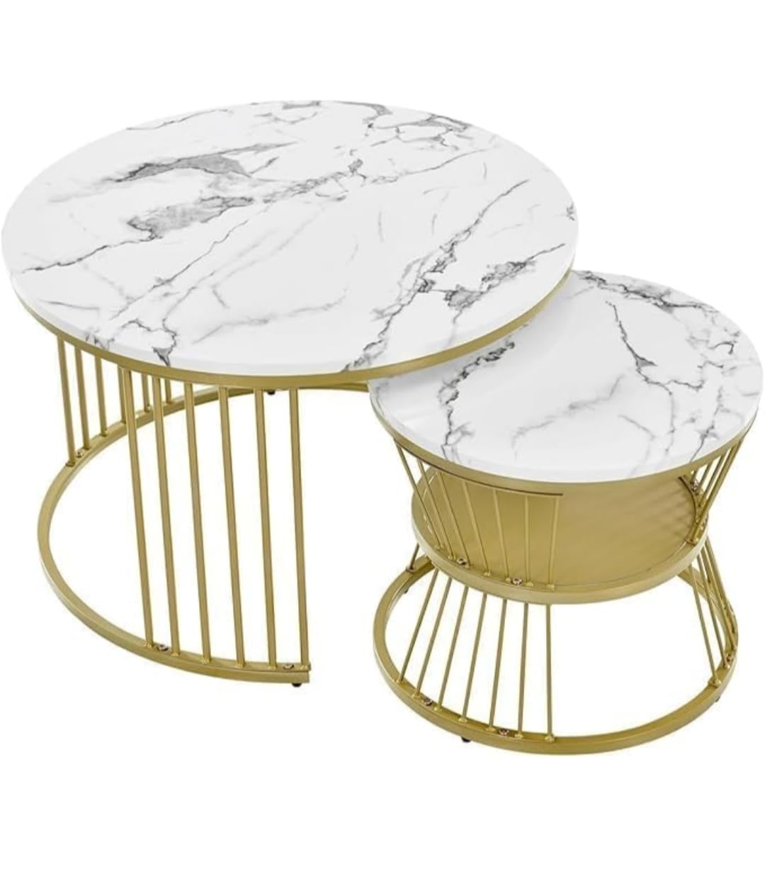 Modern Marble Finish Nesting Coffee Table Set (2 Pcs) – gold Metal Frame Center Tables