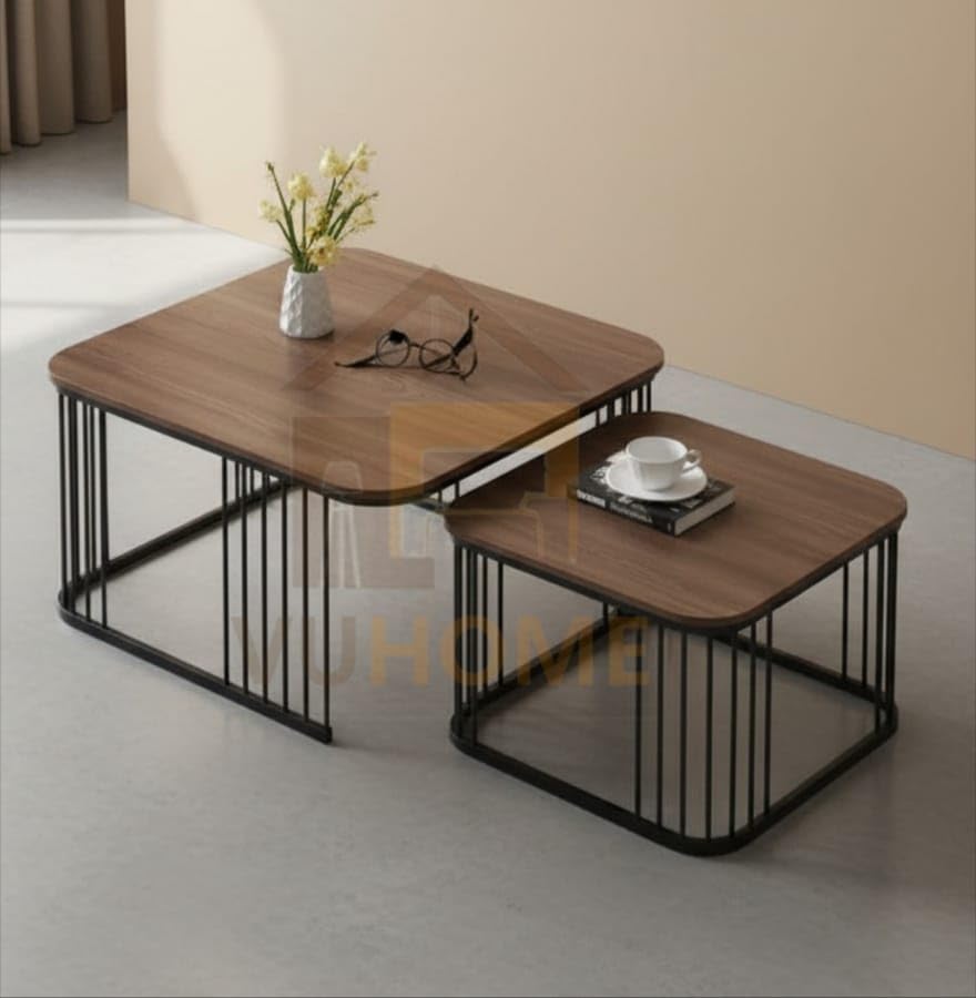 Industrial Wooden Nesting Coffee Tables Set of 2 – Metal Frame Living Room Center Table