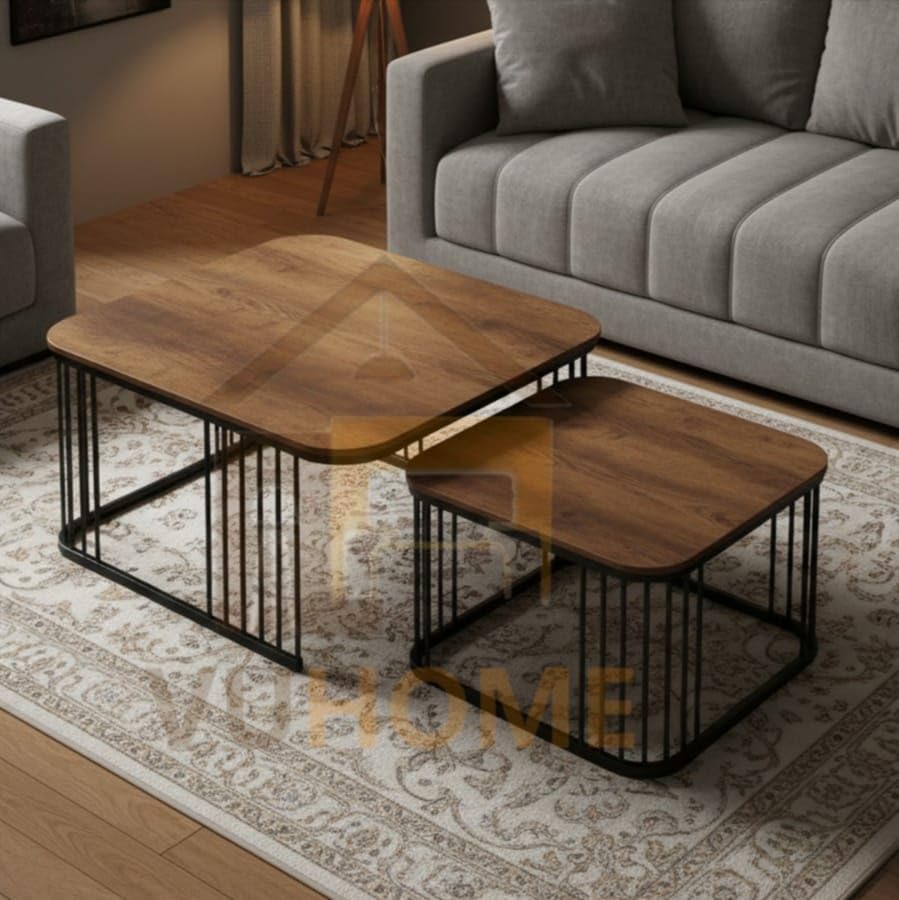 Industrial Wooden Nesting Coffee Tables Set of 2 – Metal Frame Living Room Center Table