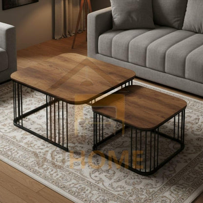 Industrial Wooden Nesting Coffee Tables Set of 2 – Metal Frame Living Room Center Table