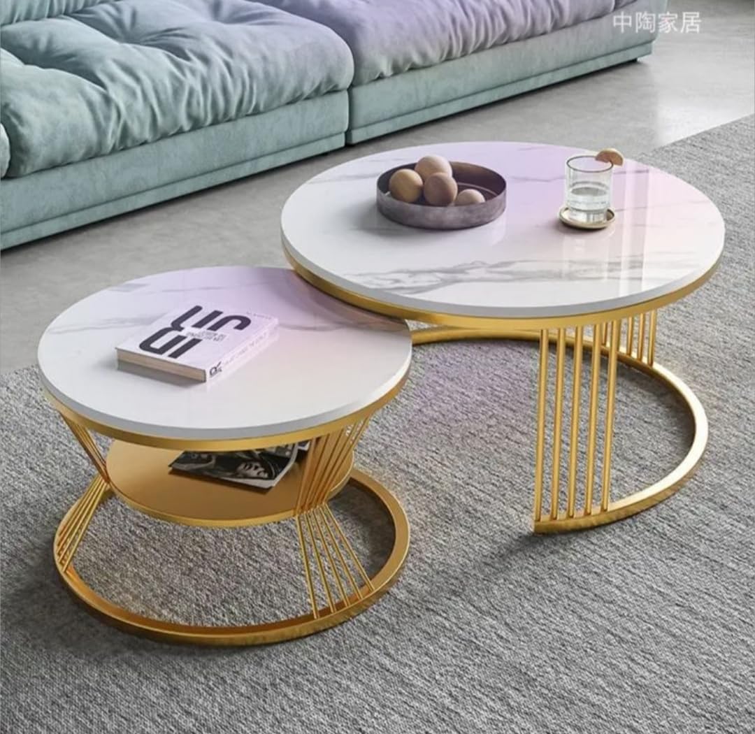 Modern Marble Finish Nesting Coffee Table Set (2 Pcs) – gold Metal Frame Center Tables
