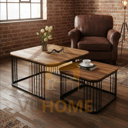 Industrial Wooden Nesting Coffee Tables Set of 2 – Metal Frame Living Room Center Table